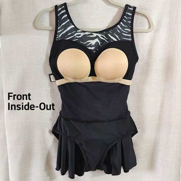 Shore Shapes Black White Swimdress Shelf Bra Tummy Control Womens 12 Large EUC - Picture 3 of 12